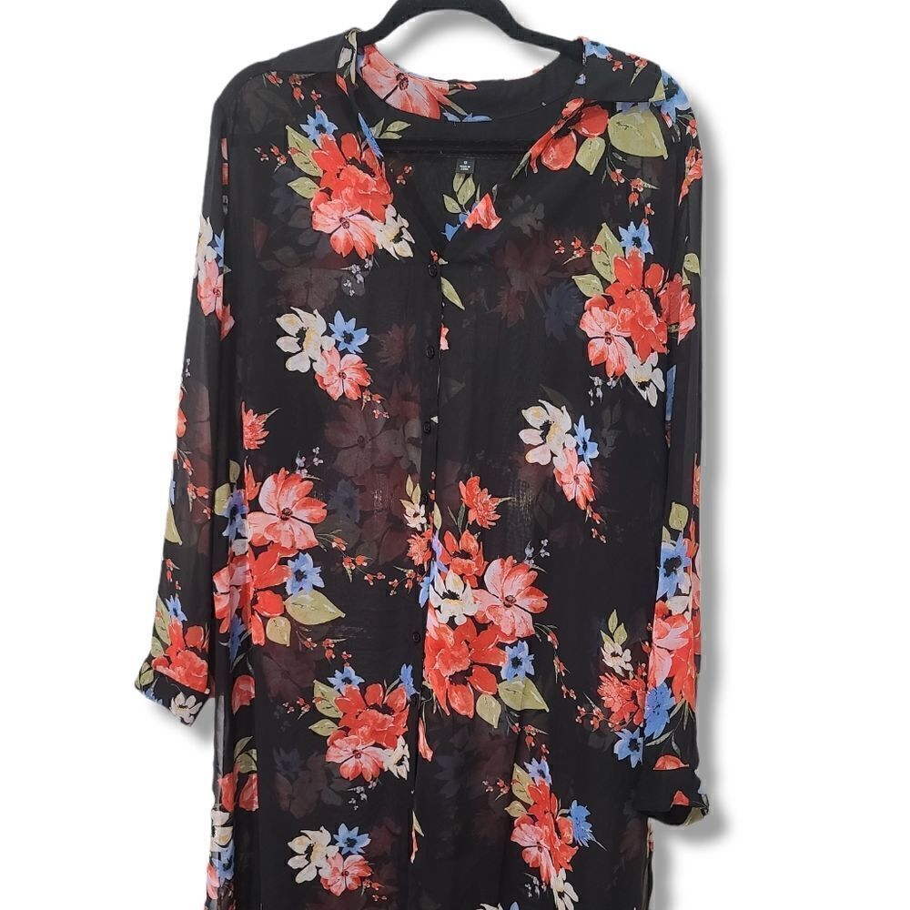 INC International Swim Cover Up Kimono long 1XLblack/pink Floral